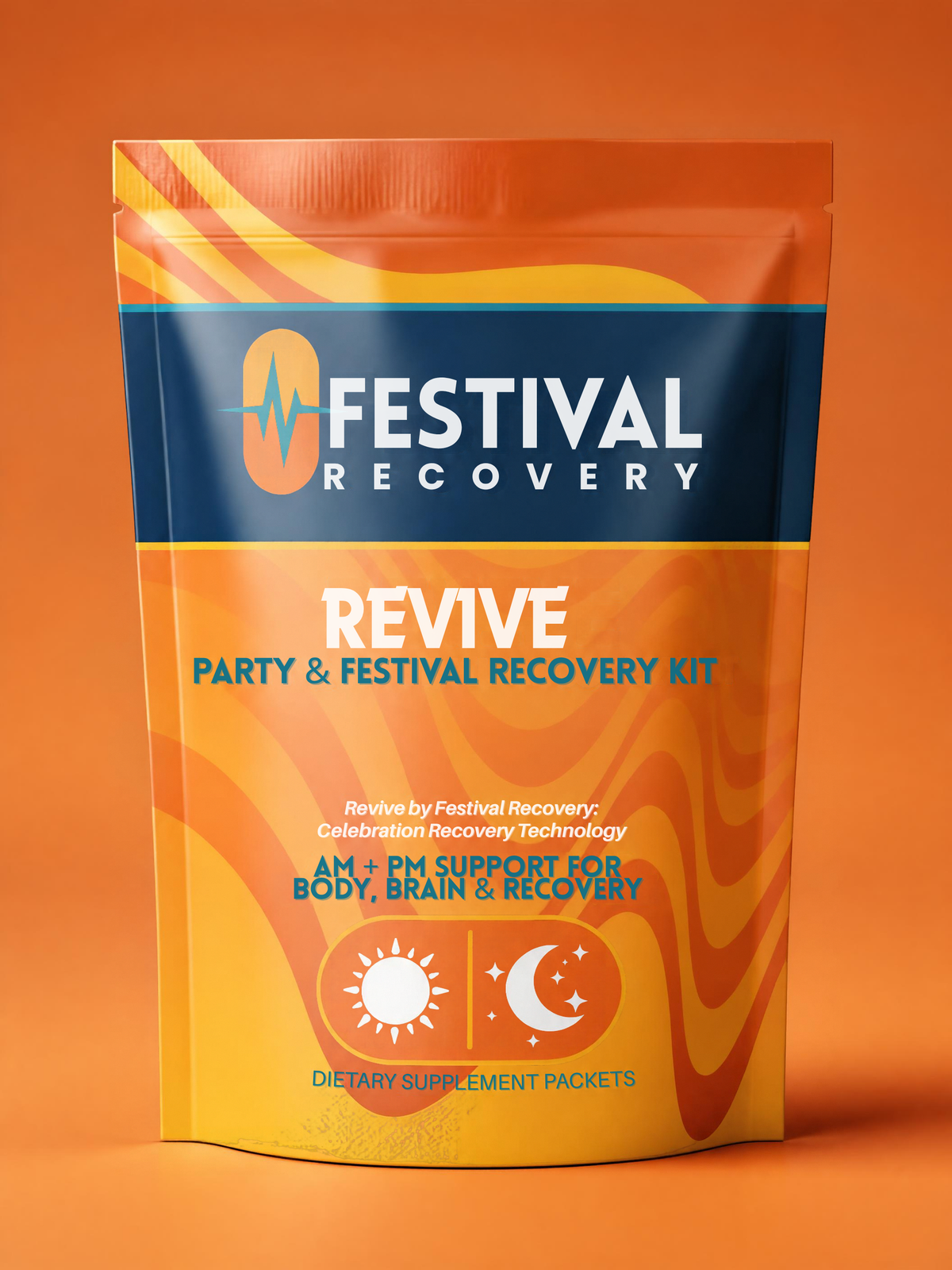 Front of the orange Festival Recovery REVIVE Party and Festival Recovery Kit pouch