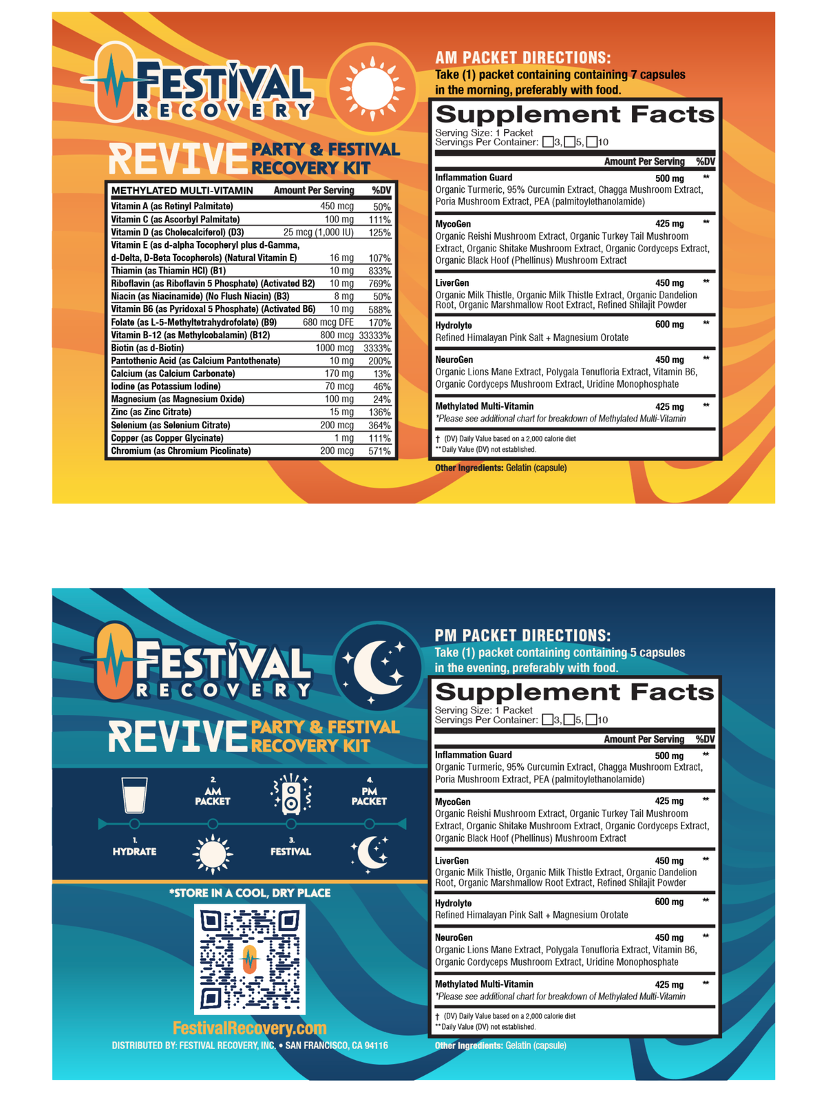 AM and PM packet labels with Supplement Facts panels for the Festival Recovery kit