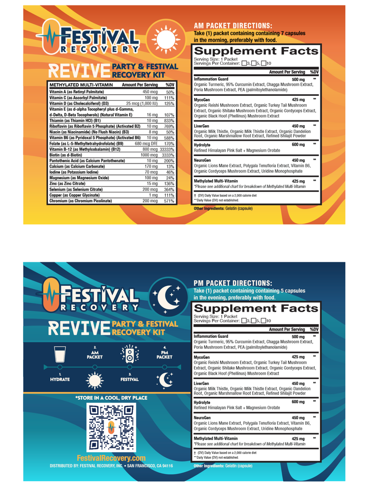 AM and PM packet labels with Supplement Facts panels for the Festival Recovery kit