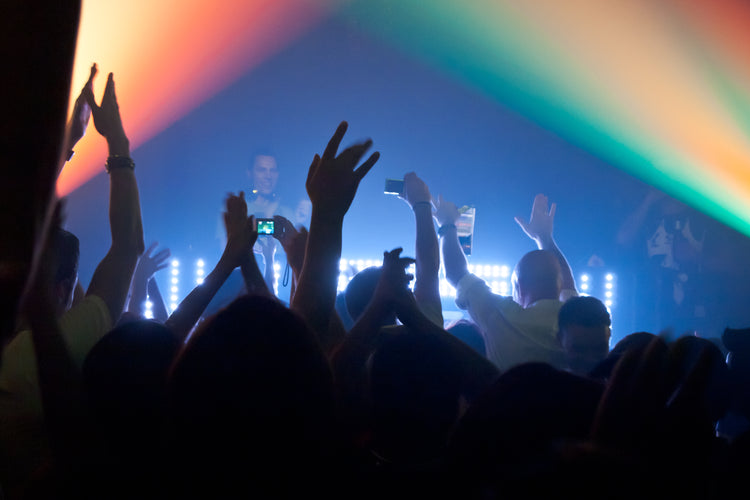 Crowd with hands raised under stage lights at an electronic music party